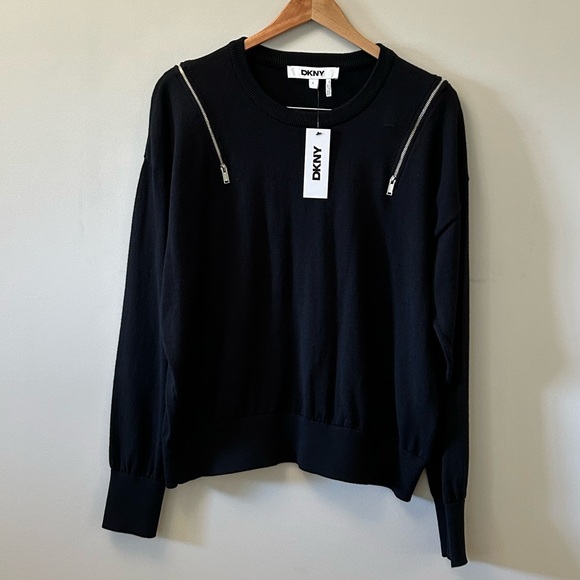 DKNY Crewneck Zip Shoulder Black Top with Knit Ribbed Trim. Women’s Sz L - NWT - Picture 1 of 16